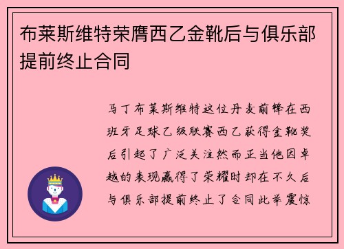 布莱斯维特荣膺西乙金靴后与俱乐部提前终止合同