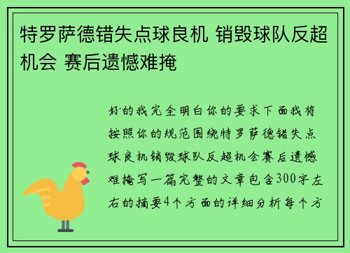 特罗萨德错失点球良机 销毁球队反超机会 赛后遗憾难掩